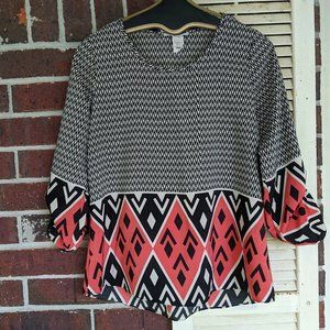 Nouvida black cream and coral patterned 3/4 length button sleeve blouse Small